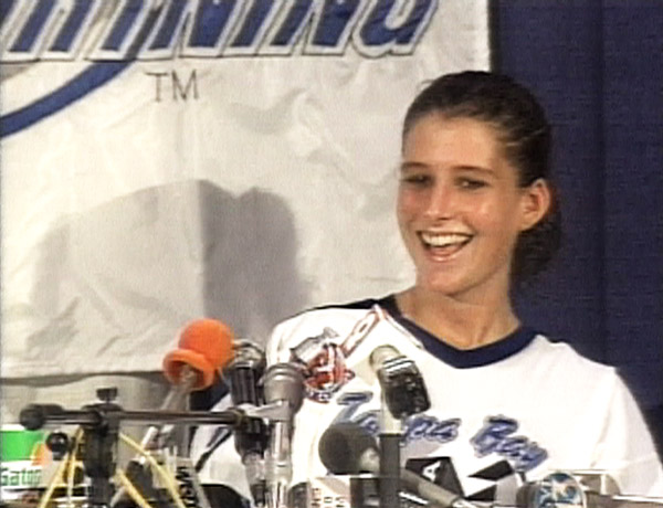 Manon Rhéaume at a press conference following her appearance in an NHL exhibition game, September 1992. Source: MTV.