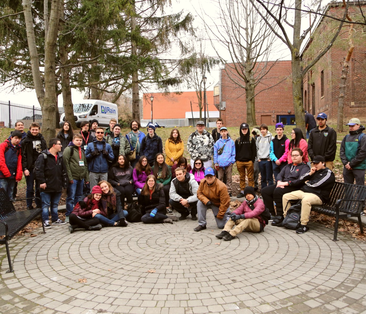 Group photo of Wolastoq Education Initiative Students and YMCA Academy exchange group. Photo by Sarah Cowan.