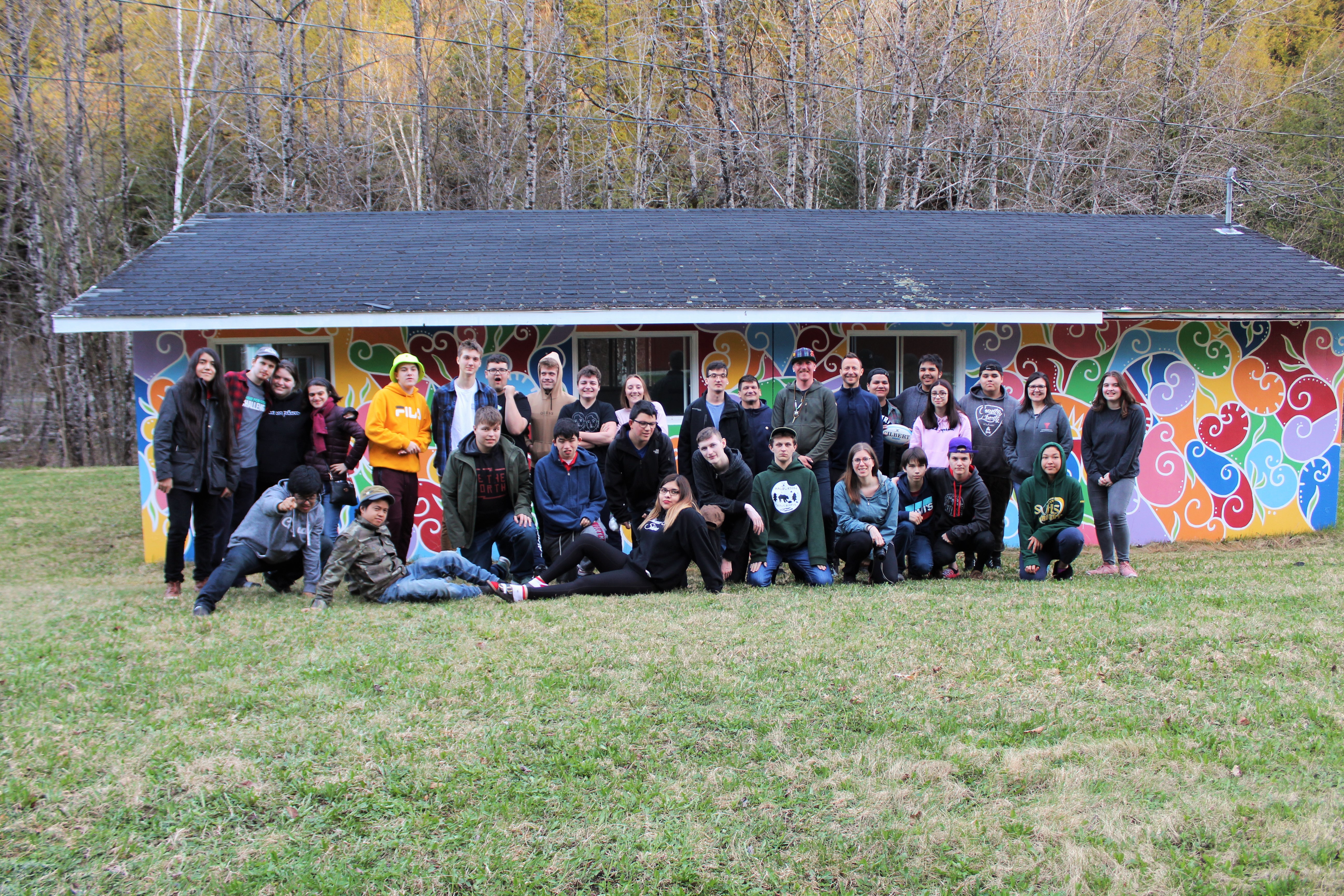 Group photo of YMCA Academy and Wolastoq Education Initiative students on exchange in Tobique, New Brunswick.
